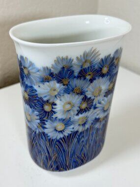 VTG AK KAISER 7in Futura Vase K. Noosek W Germany Porcelain Blue White Gold MCM
